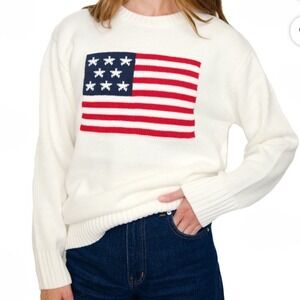 Americana Flag Sweater Mighty Fine White Long Sleeve Knit Pullover Womens 2X New